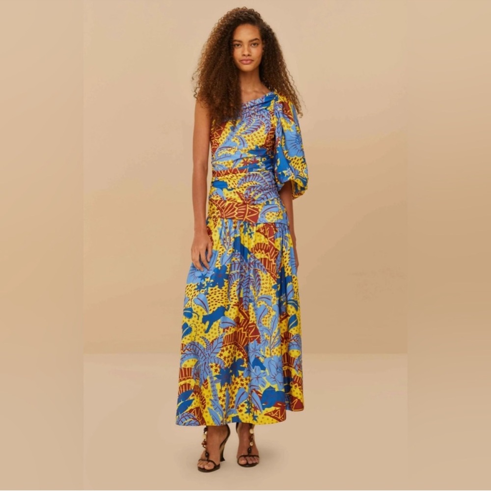 FARM Rio Yellow Jungle Panther One-Shoulder Midi Dress with Blue & Red Print